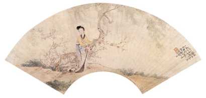 胡锡珪 辛巳（1881年）作 桃花仕女 扇面